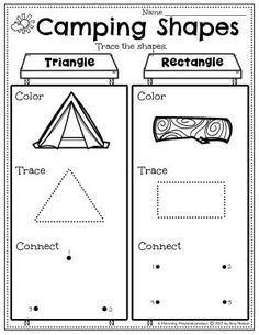 the camping shapes worksheet for kids to practice their writing and coloring skills