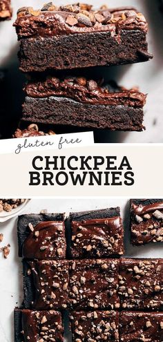 chocolate brownies stacked on top of each other with nuts in the middle and text that reads gluten free chickpea brownies