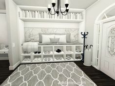 an entryway with white walls and shelves filled with shoes, rugs and chandelier