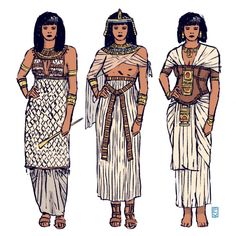 three egyptian women in different costumes