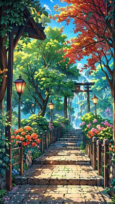 a painting of a pathway with flowers and trees on either side, leading to a waterfall