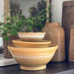 four bowls stacked on top of each other in front of some vases and plants