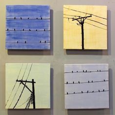 four square paintings with birds sitting on telephone poles and wires painted in different shades of yellow, blue, and purple