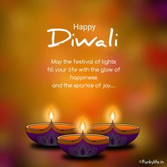 happy diwali greeting card with three lit candles in front of an orange background