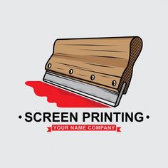 a logo for a screen printing company with a wooden box on it's side