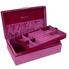 a pink velvet jewelry box with compartments and dividers on the inside, open to show its contents