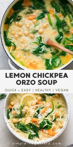 lemon chickpea orzo soup in a white bowl