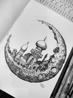 a pencil drawing of a crescent moon with buildings in the background and a mosque on it