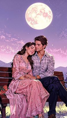 a man and woman sitting on a bench under a full moon with the sky in the background