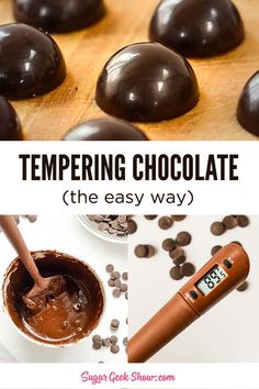 there are chocolates on the table and one has a spoon in it with text overlay that says, tempting chocolate the easy way