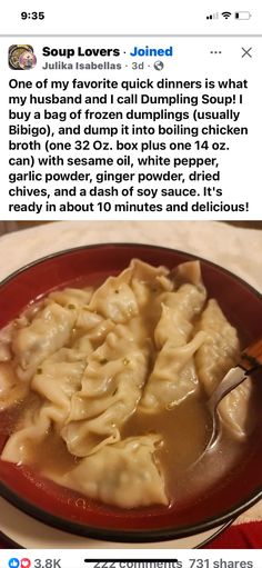 a red bowl filled with dumplings on top of a table