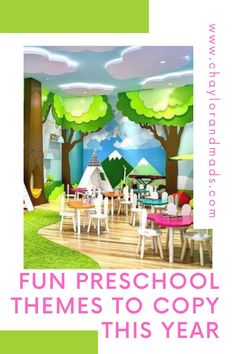 an advertisement for a children's playroom with trees and tents