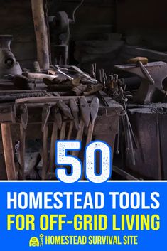 the cover of 50 homestead tools for off - grid living, with text overlay