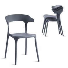 three chairs with different shapes and sizes, one in grey and the other in black