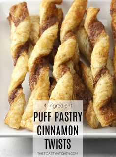 puff pastry cinnamon twists on a plate with text overlay that reads 4 ingredient puff pastry cinnamon twists