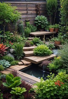 a garden filled with lots of different types of plants and flowers on top of wooden steps