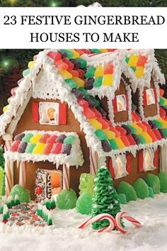 a gingerbread house with candy on the roof and trees in the background, text reads 23 festive gingerbread houses to make