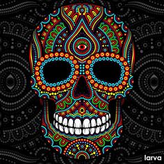 a colorful sugar skull on a black background