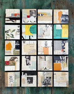 a collage of different types of papers on a wooden surface with green paint and wood planks