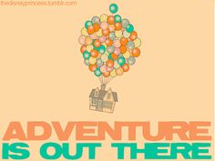 an advertisement for the movie adventure is out there, with a house and balloons floating in the air