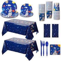 a space themed tableware set with plates, napkins and utensils for children