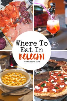 there are pictures of different foods and drinks on the table with words where to eat in bologna