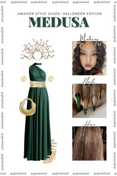 a green dress with gold accents and accessories on it is featured in the magazine medusa