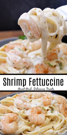 the shrimp fettuccine is being served over noodles