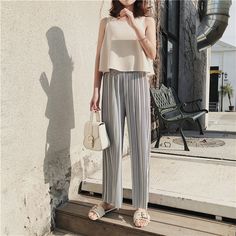 FREE SHIPPING !! High Waist Pleated Chiffon Wide Leg Trousers JKP663 Spring Chiffon Bottoms For Day Out, Chic Chiffon Summer Pants, Chic Chiffon Pants For Summer, Chic Summer Chiffon Pants, Casual Stretch Chiffon Bottoms, Spring Chiffon Pants, Casual Chiffon Trousers, Casual High Waist Chiffon Bottoms, Loose Pants Style