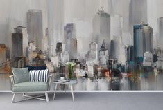 Watercolor Painting New York City Landscape Wallpaper Mural Meeting Room Decoration, Watercolor Mural, Mural Simple, Wall Mural Decals, Living Room Themes, Kids Wall Decals, Wallpaper Decor, Nursery Wall Decals, Wallpaper Bedroom