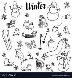 winter doodles and snowflakes in black and white with the words winter