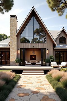 Elegant wooden cottage with stone chimney and large windows. The undeniable charm of cottage homes brings a rustic fairytale to life with each brick and beam.