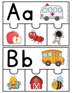 an alphabet puzzle with pictures of different animals and vehicles on it, including the letter b