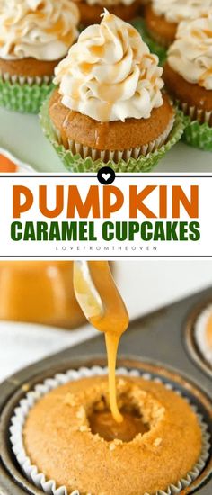 pumpkin caramel cupcakes with frosting being drizzled on top