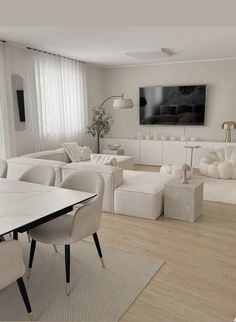 a living room filled with white furniture and a flat screen tv mounted on the wall