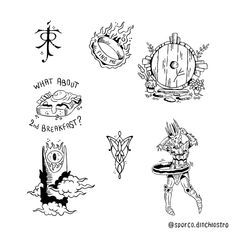 four different tattoo designs on a white background