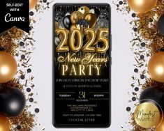 new year's eve party flyer with gold and black balloons, streamers and confetti