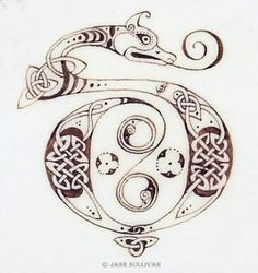 a drawing of a snake with celtic designs on it's body and head, in the shape of a letter g