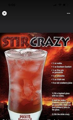 an advertisement for a drink called stir crazy, with the caption's description below