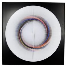 a white plate with multicolored lines in the center on a black frame against a white background