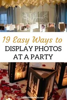 a party with balloons and pictures hanging from the ceiling