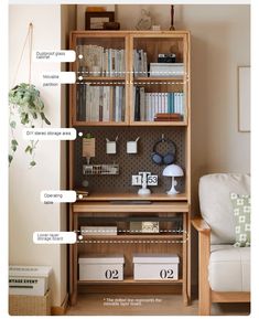 a book shelf with many books on it and labels labeled in the top right corner