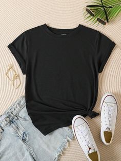 SHEIN Essnce Solid Round Neck Tee | SHEIN USA Color Crew, Outfit Check, Round Neck Shirt, Fall Clothes, Round Neck Tees, Plain Shirts, Women T Shirts, 6th Grade, Fashion Story