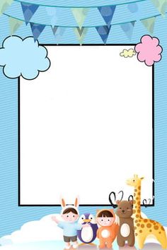 an image of children's birthday card with animals and clouds in the background photo