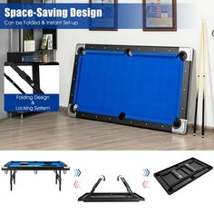 the space saving pool table is available in multiple colors and sizes, including black or blue