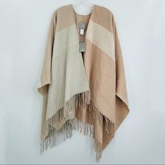 Soia & Kyo Neutral Color Block Wrap Scarfigan Fringe Shawl Poncho New One Size 100% Acrylic Soft Neutral Colors Fringe Hemline No Rips No Stains New With Tags Scarf Cardigan, Sweater Wrap, Shawl Sweater, Fringe Shawl, Kimono Sweater, Poncho Cardigan, Knitted Cape, Fringe Cardigan, Fringed Poncho