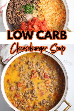 low carb cheeseburger soup in a white bowl with text overlay that reads low carb cheeseburger soup