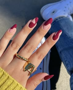 Dark Color Nail Designs Acrylic, Multi Coloured Nails Acrylic, Minimal Nail Design Trends, Tiramisu Nails, Oxblood Nail Designs, Winery Nails, Half Painted Nails, Split Color Nails, Wine Colored Nails Designs