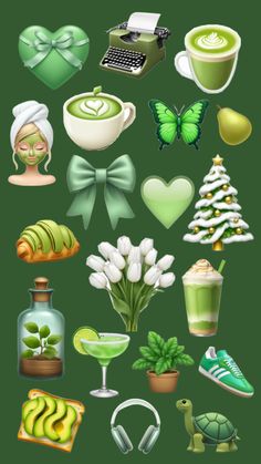 a bunch of different items that are on a green background