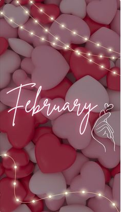 valentine's day card with hearts and the words february written in white on it